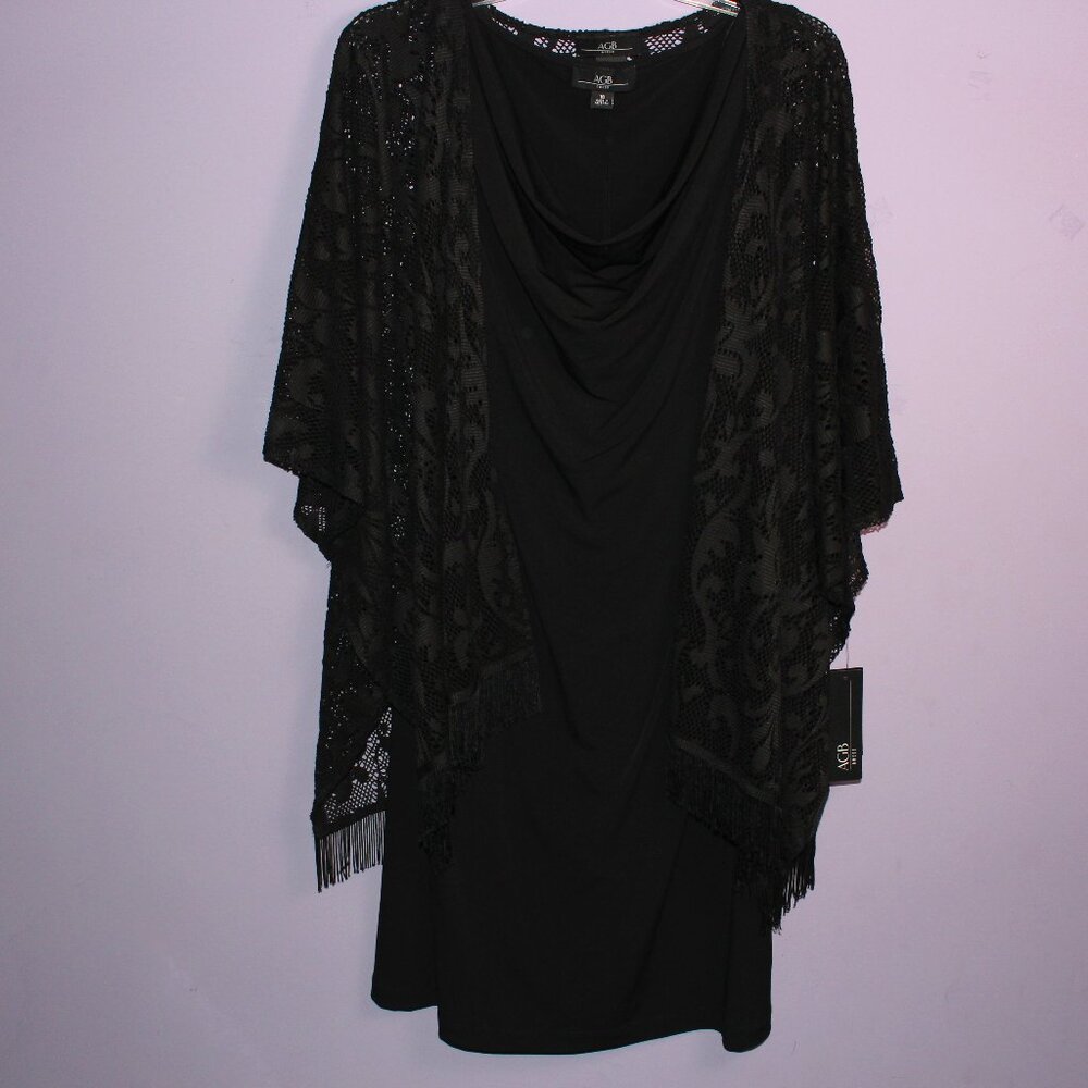 Black Sleeveless Dress with Lace Cardigan with Fringe 2-piece Set AGB Size 16